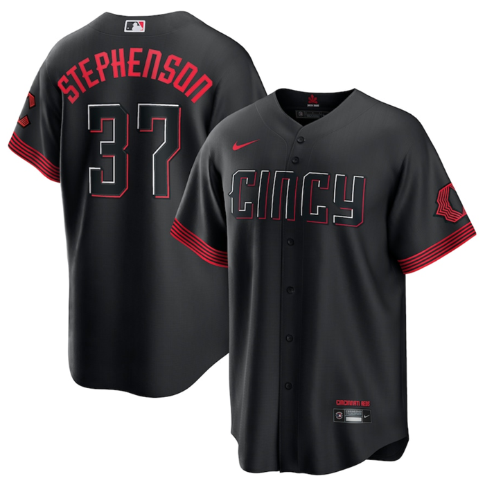 Men's Cincinnati Reds #37 Tyler Stephenson Black 2023 City Connect Stitched Jersey - Click Image to Close